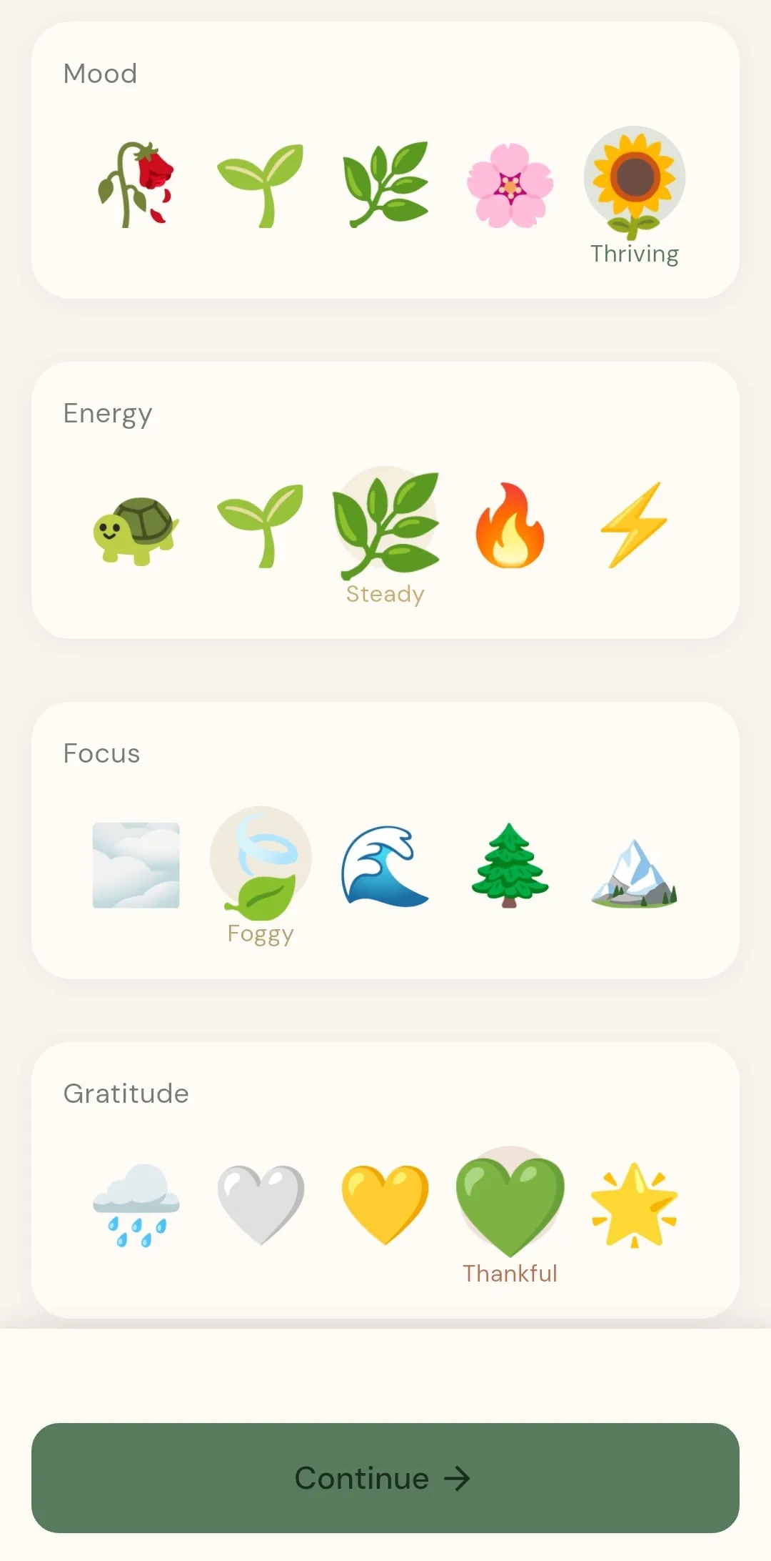 Check-in screen: four dimension cards — mood, energy, focus and gratitude — each with five icon pickers.